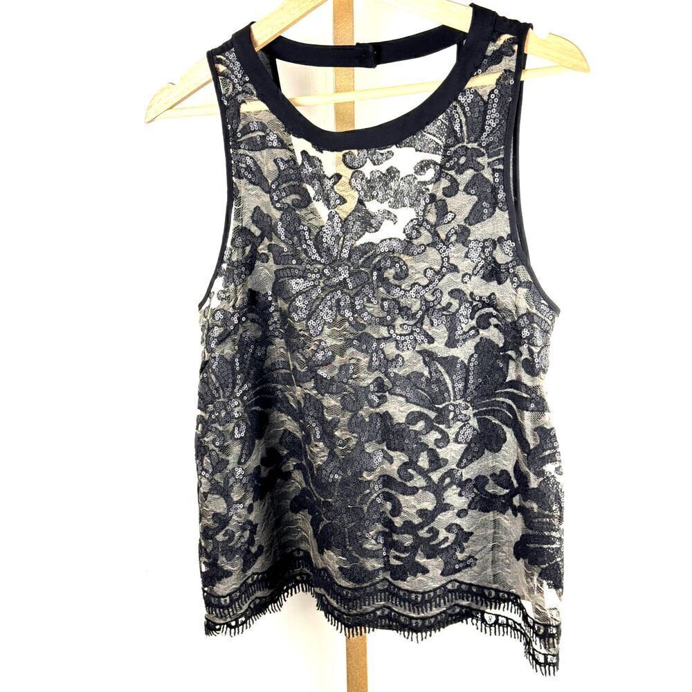 GORGEOUS ASTR Sheer, Lacy Sleeveless Black Top w/ Sequins, Fringe, Size S EUC